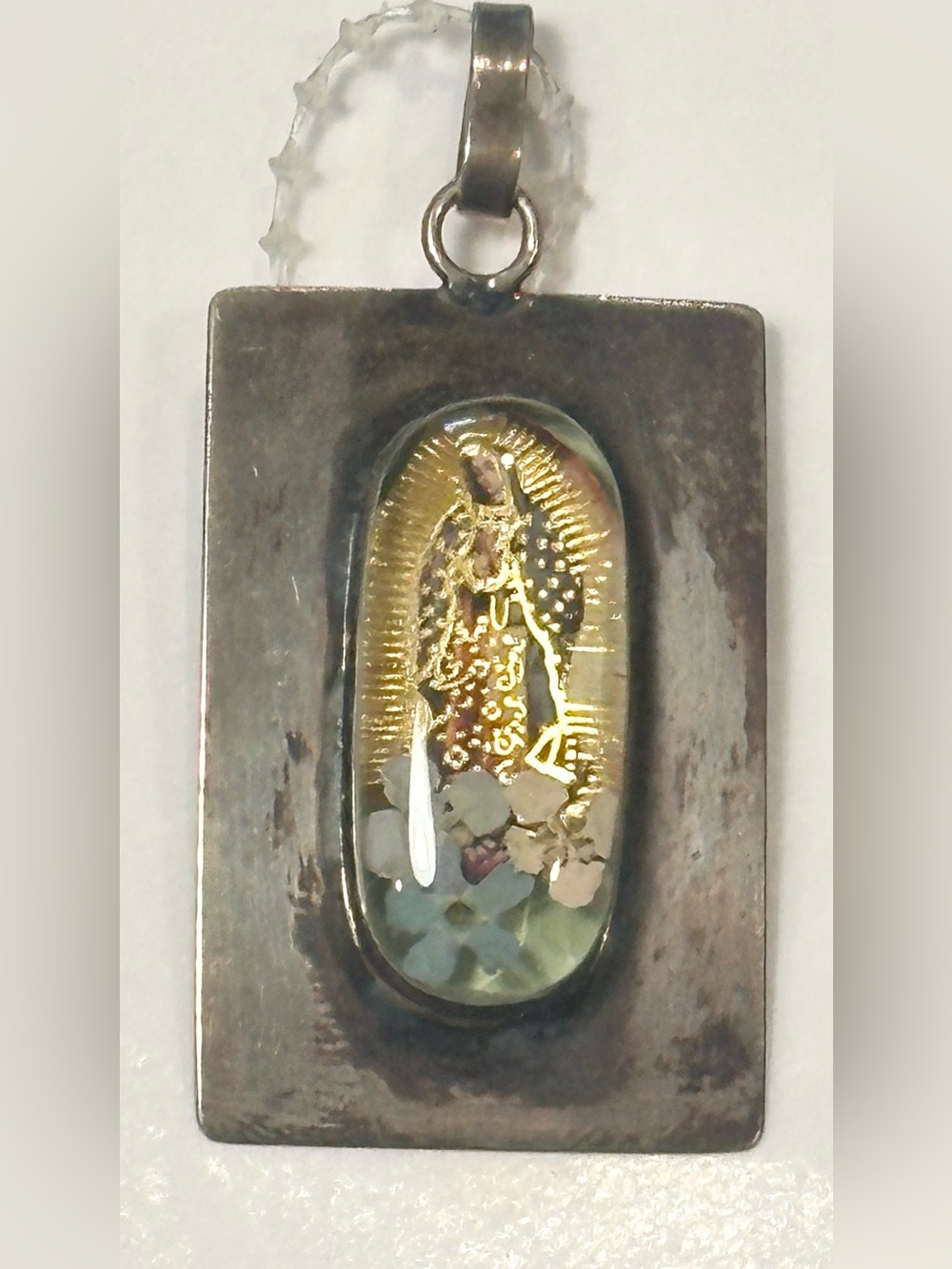 Virgin Mary Pendant Dried Flowers Mixed Metal Mexico City